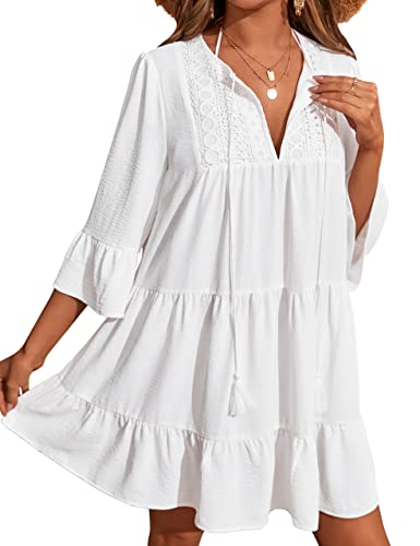 BMJL Damen Badeanzug Coverup Schwimmen Strand Cover Up Bademode Spitze Badeanzug Cover Ups Kleider, Weiss/opulenter Garten, Large von BMJL