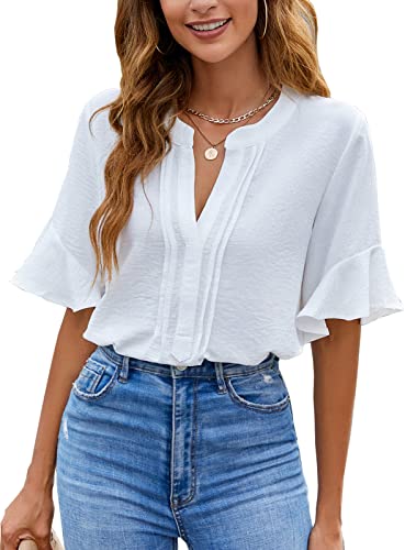 BMJL Damen Blusen Chiffon Rüschen Kurzarm V Ausschnitt Business Casual Tops Sommer süßes Hemd, Weiß, Klein von BMJL