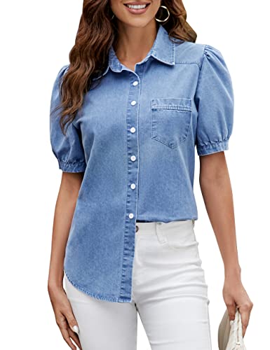 BMJL Damen Denim-Shirt Business Casual Button Down Arbeit Blusen Puffärmel Sommer Tops, Himmelblau, Groß von BMJL