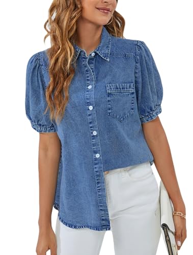 BMJL Damen Denim Shirt Business Casual Button Down Arbeit Blusen Puffärmel Sommer Tops, blau, Mittel BMJL Damen Denim Shirt Business Casual Button Down Arbeit Blusen Puffärmel Sommer Tops, blau, Mittel von BMJL