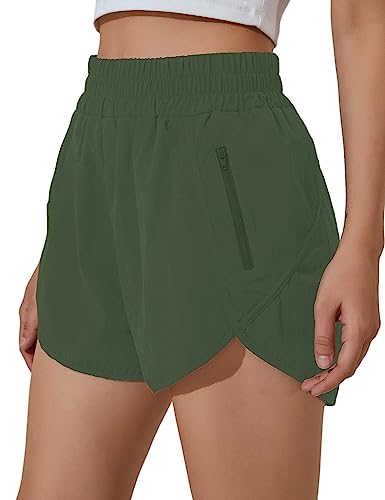 BMJL Damen Laufshorts Elastische Hohe Taille Shorts Tasche Sportlich Workout Shorts Quick Dry Athletic Shorts Pants, Grün , Mittel von BMJL