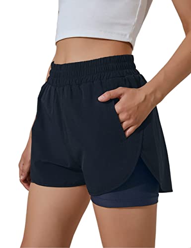 BMJL Damen Laufshorts Elastischer Bund Hohe Taille Shorts Tasche Sportlich Workout Shorts Gym Athletic Shorts Hosen, dunkelblau, Mittel von BMJL