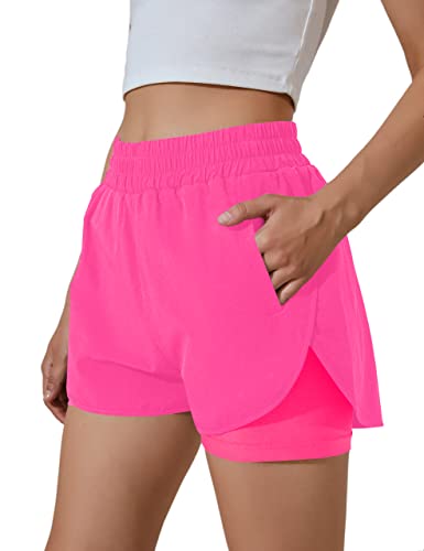 BMJL Damen-Lauf-Shorts, elastischer Bund, hohe Taille, kurze Tasche, sportliche Workout-Shorts, Fitnessstudio, athletische kurze Hose, Knallpink (Hot Pink), Klein von BMJL