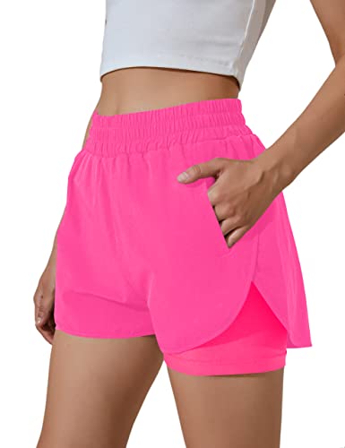 BMJL Damen Laufshorts Elastischer Bund Hohe Taille Shorts Tasche Sportliche Workout Shorts Gym Athletic Shorts Hosen, Knallpink (Hot Pink), Groß von BMJL