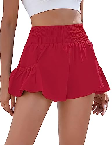 BMJL Damen Shorts mit hoher Taille, athletische Laufshorts, Workout, Fitnessstudio, schnell trocknend, fließende Shorts mit Taschen, rot48, Mittel von BMJL