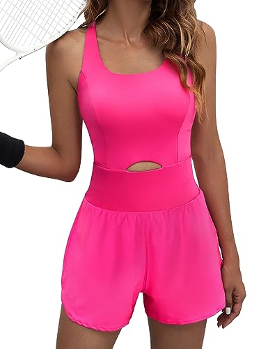 BMJL Damen Workout Athletic Strampler Einteiler Jumpsuits Running Gym Onesie Outfits mit Taschen, Hot Pink001, Medium von BMJL