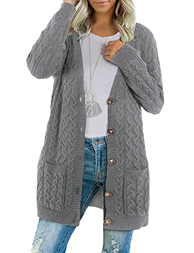 BMJL Strickjacke Damen Lang Offene Knöpfen Grobstrickjacke Cardigan Taschen Strickgewirk Pullover Mantel (M, Grau) von BMJL