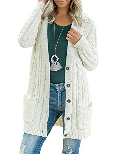 BMJL Strickjacke Damen Lang Offene Knöpfen Grobstrickjacke Cardigan Taschen Strickgewirk Pullover Mantel von BMJL