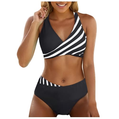 BMKKTOP Bikini-Set für Damen Streifen trägerloser Twist Bikini Damen Set schwarz mit Gold strandbadeanzug bademode Retro einteiliger Verstellbarer Schultergurt Badeanzug Damen große größe von BMKKTOP