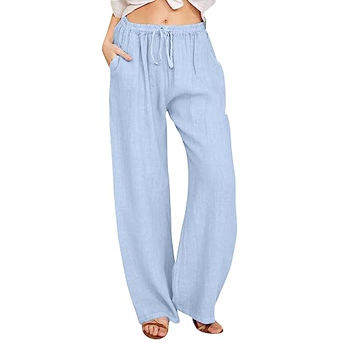 BMKKTOP hosenanzüge für Damen Sommerhosen große größen lockere Hosen mit geradem Bein leichte einfarbig Kordelzug leicht drucken Hose Leinenhose Sommer Baumwolle Freizeithose high Waist Activewear von BMKKTOP