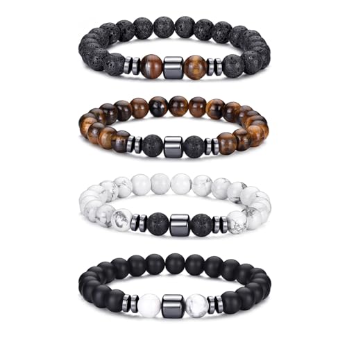 BMMYE 2-4 Stücke Herren Perlenarmband 8MM elastisches Naturstein Armband mit Lavastein und Tigerauge - Schmuck für Männer als Geschenk von BMMYE