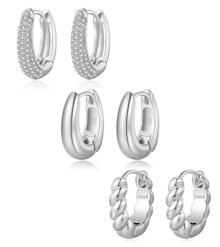 BMMYE 3 Paare kleine Chunky Silber Hoop Ohrringe für Frauen Oval Sterling Silber Huggie Hoop Ohrringe Set Gedrehte dicke Silber Hoop Ohrringe von BMMYE