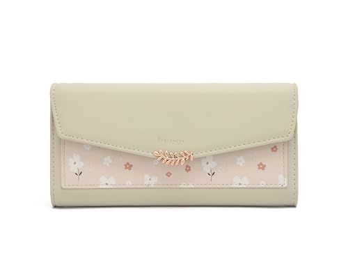 BMQY Damen Geldbörse Lang Geldbörse PU Leder Reißverschluss mit Mehrere Kartenfächer Kartenhalter Münzfach Telefon, Blumen-Grün, Einheitsgröße, Casual von BMQY