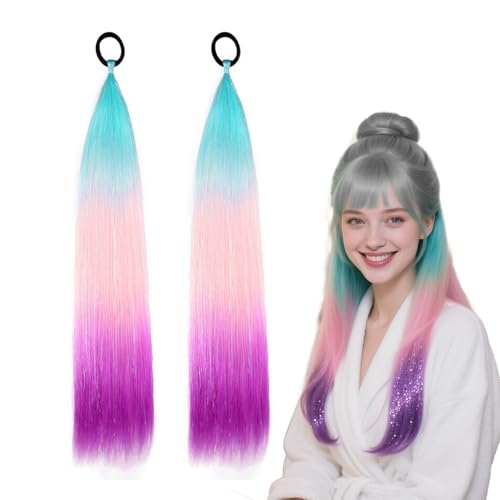 BMYUK Bunte Pferdeschwanz-Haarverlängerung, 3 Farbverläufe, modisch, Mehrzweck, einfach zu installieren, 66 cm, geeignet für jede Gesichtsform für Mädchen und Damen, Blau-Lila, Einheitsgröße von BMYUK