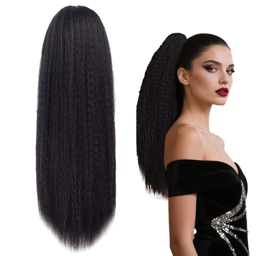 BMYUK Pferdeschwanz mit Kordelzug für schwarze Frauen, Clip-in-Haarverlängerung, Remy-Haarverlängerung, natürliches Schwarz, glatt, Kunsthaar, 61 cm von BMYUK