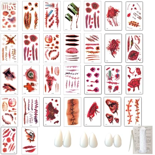 BMYUK Vampirzähne Set 3 Größen Zähne mit 1 Tube Zähne Pellets Kleber 30 Stück Halloween Tattoos Dekorationen für Cosplay Party Requisiten Halloween Party Fangzähne von BMYUK