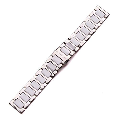 BNCXMO Watchband Mid Ceramic Link Edelstahlarmband 16mm 18 mm 20 mm Frauen Frauen Black Watch Gurt Metall Double Push Clasp (Farbe: Weiß, Größe: 20 mm) von BNCXMO
