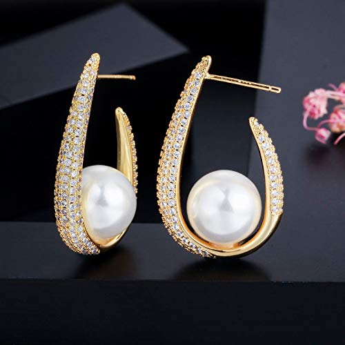 Einzigartige Mikro -Pave Kubikzirkonia gelbe Farbe Big Pearl Hoop Ohrringe für Frauen Schmuck Einzigartige Mikro -Pave Kubikzirkonia gelbe Farbe Big Pearl Hoop Ohrringe für Frauen Schmuck von BNCXMO