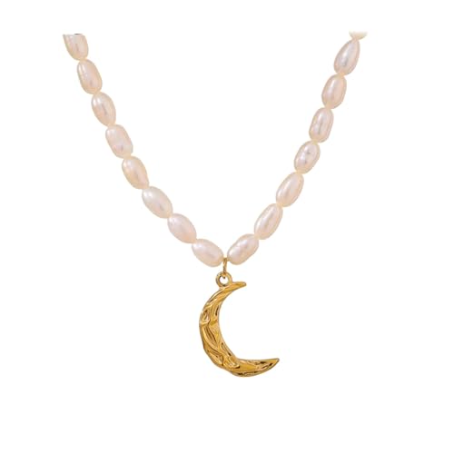 NEU 2025 Elegante natürliche Perle Schmuck Halskette Mond Anhänger Edelstahlkragen wasserdichtes Temperament für Frauen Dekoration Schmuck Gedenk mit Ihrem Accessoires Trendy Beste für Geschenk von BNCXMO