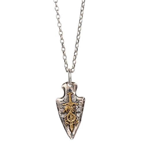 Vintage Dragon Schwert Anhänger Halskette für Männer 925 Sterling Silver Arrowhead Anhänger graviertes Viking Vegvissir Kompass Norse Schmuck 60 cm Kette von BNCXMO
