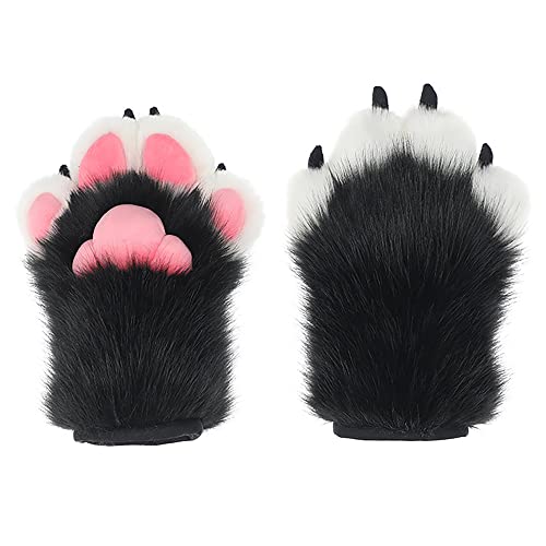 BNLIDES Cosplay Fursuit Paw Handschuhe Furry Claw Handschuhe Eingebaute Pfeife Dekompressionsspielzeug Kostüm Party Zubehör für Erwachsene, Schwarz-Weiß, Medium von BNLIDES