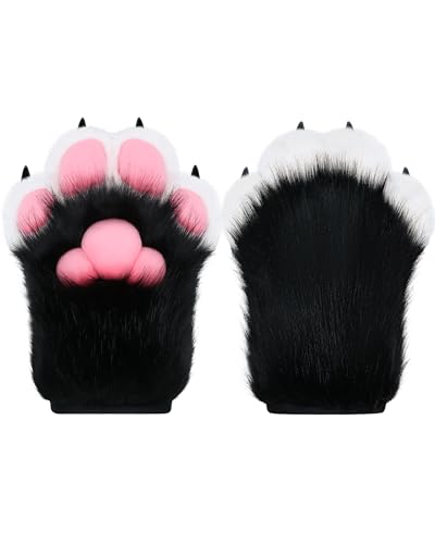 BNLIDES Cosplay Fursuit Pfotenhandschuhe Pelzkralle Handschuhe Eingebaute Pfeife Dekompression Spielzeug Kostüm Party Zubehör für Erwachsene, Schwarz-Weiß, Medium von BNLIDES