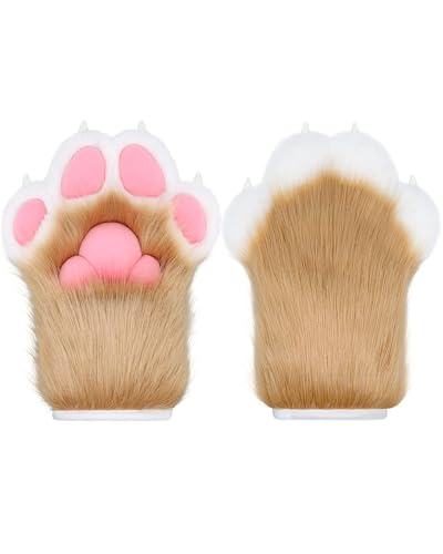 BNLIDES Cosplay Fursuit Pfotenhandschuhe Pelzkralle Handschuhe Eingebaute Pfeife Dekompression Spielzeug Kostüm Party Zubehör für Erwachsene, Khaki Weiß, Medium von BNLIDES