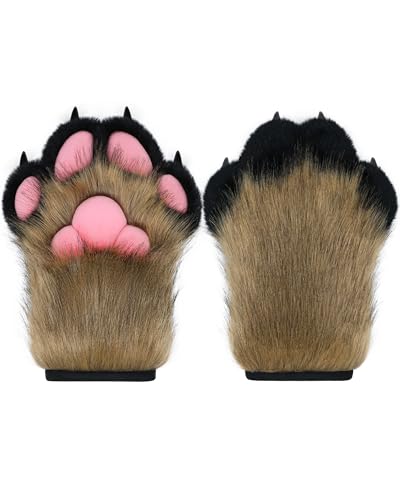 BNLIDES Cosplay Fursuit Pfotenhandschuhe Pelzkralle Handschuhe Eingebaute Pfeife Dekompression Spielzeug Kostüm Party Zubehör für Erwachsene, Khaki-schwarz, Medium von BNLIDES