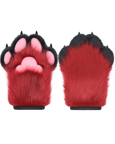 BNLIDES Cosplay Fursuit Pfotenhandschuhe Pelzkralle Handschuhe Eingebaute Pfeife Dekompression Spielzeug Kostüm Party Zubehör für Erwachsene, rot/black, Medium von BNLIDES
