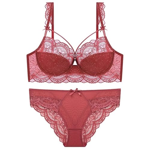 Große Größe Spitzen-BHs und Panty-Sets für Frauen dünne Stickerei Push Up sexy Unterwäsche-Set weibliche rote Dessous (Farbe: A, Größe: 95C) von BNNP