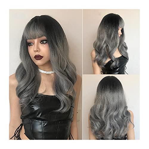 Lace Front Ombre Grey Wig Perücke mit langen Pony Perücke Grau Ombre mit schwarzen Wurzeln Lange Lebensdauer graue Perücken für Frauen gewellte synthetische Perücken Hitzebeständig fo von BNNP