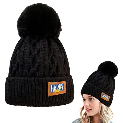 BNOYONERAS Bommelmütze Damen Mütze Winter Warme Strickmütze Damen-Strickmütze Damen Winter Mütze Wintermütze mit Bommel Slouch Grobstrick Mit Innenfutter Beanie Mütze Damen Wintermütze (Schwarz) von BNOYONERAS