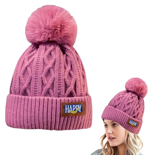 Bommelmütze Damen Mütze Winter Warme Strickmütze Damen-Strickmütze Damen Winter Mütze Wintermütze mit Bommel Slouch Grobstrick Mit Innenfutter Beanie Mütze Damen Wintermütze (Pfirsichfarbe) von BNOYONERAS