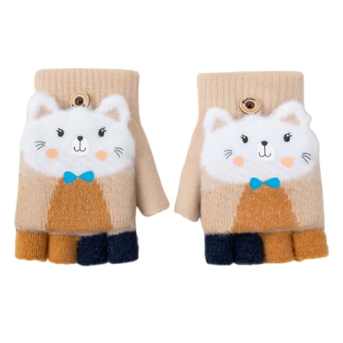 Fäustlinge mit Knopf Klappe, Fingerlose Handschuhe für Kinder, Strickhandschuhe mit Klappe, Winter Baby Warme Kinder Fingerlose Handschuhe, Thermo Handschuhe 7-9 Jahre alt Jungen Mädchen (Beige) von BNOYONERAS