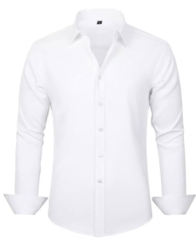 BNREOZA 1 Herren Langarm-Businesshemd, knitterarmes Stretchhemd, Regular Fit, weißes Freizeithemd, bügelfrei, einfarbiges Anzughemd, Größe XL (44) von BNREOZA