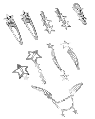 BNREOZA 10 Stück Y2K Star Haarspangen Silberne Haarspangen, Kawaii Punk Style Star Metall Haarspangen für Frauen, Y2K Party, Konzert und alltägliches Haar Zubehör von BNREOZA