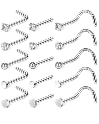 BNREOZA 15 Pcs Silber Nasenpiercing Nasenstecker,316L Chirurgenstahl Nasenring Piercing Set,Piercing Stud Nasenpiercing,Männer und Frauen synthetischen kubischen Zirkoniumdioxid Nasenstecker(Silber) von BNREOZA