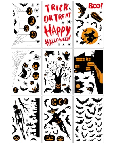 BNREOZA 9 Stück Halloween Window Mural, Horror Halloween Window Stickers, Reusable Halloween Decorated Windows,... Halloween Aufkleber Hexe Fledermaus Spinne Kürbis Fensterdekoration von BNREOZA