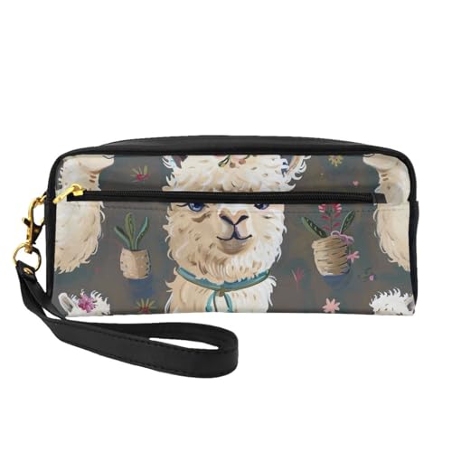 Alpaka-Lama bedruckte Make-up-Tasche aus Leder mit Handschlaufe, tragbare Reise-Kulturbeutel, Kosmetik-Organizer-Tasche für Damen, Schwarz , Einheitsgröße, Kosmetiktasche von BNVSADC