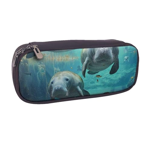 BNVSADC Bedrucktes Federmäppchen und Make-up-Tasche aus Leder, Motiv: Westindische Seekühe, stilvolle Stiftetasche, Schreibwaren-Organizer, Tasche für Schule, Büro, Reisen, Schwarz , Einheitsgröße, von BNVSADC