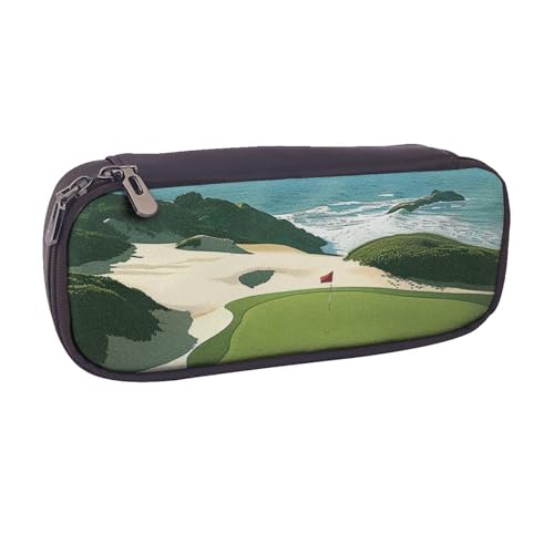 BNVSADC Bedrucktes Leder-Federmäppchen und Make-up-Tasche mit Strand-Golfplatz, stilvolles Federmäppchen, Schreibwaren-Organizer-Tasche für Schule, Büro, Reisen, Schwarz , Einheitsgröße von BNVSADC