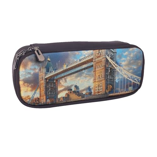 BNVSADC Bridge in London bedrucktes Leder-Federmäppchen und Make-up-Tasche, stilvolles Federmäppchen, Schreibwaren-Organizer, Tasche für Schule, Büro, Reisen, Schwarz , Einheitsgröße, Kosmetiktasche von BNVSADC