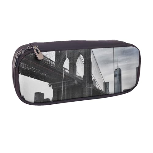 BNVSADC Brooklyn Bridge bedrucktes Leder-Federmäppchen und Make-up-Tasche – stilvolles Federmäppchen für Schreibwaren, Organizer, Tasche für Schule, Büro, Reisen, Schwarz , Einheitsgröße, von BNVSADC