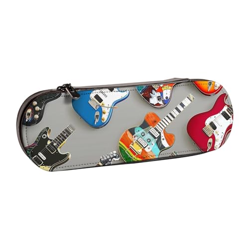 BNVSADC Bunte Gitarren 1 bedrucktes Leder-Federmäppchen & Make-up-Tasche – stilvolle Hartschalen-Bleistifttasche Schreibwaren-Organizer-Tasche für Schule, Büro, Reisen, Schwarz , Einheitsgröße, von BNVSADC