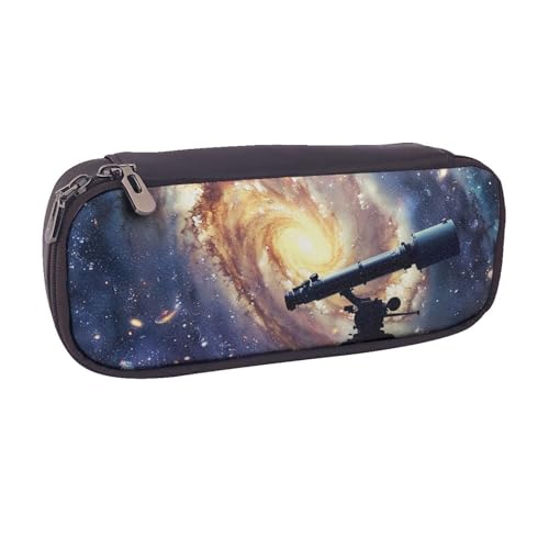 BNVSADC Federmäppchen aus Leder mit Teleskop-Motiv, Motiv: Weltraumgalaxie und Make-up-Tasche, stilvolles Federmäppchen, Schreibwaren-Organizer, Tasche für Schule, Büro, Reisen, Schwarz von BNVSADC