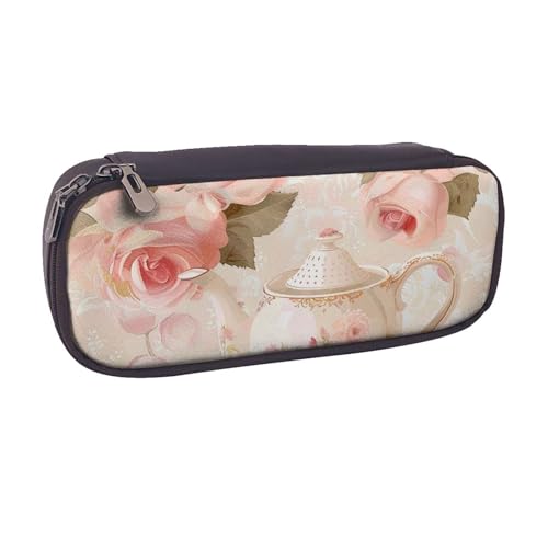 BNVSADC Federmäppchen mit Rosen, romantisch, Shabby-Druck, Leder, Federmäppchen und Make-up-Tasche, stilvolles Federmäppchen, Schreibwaren, Organizer, Tasche für Schule, Büro, Reisen, Schwarz von BNVSADC