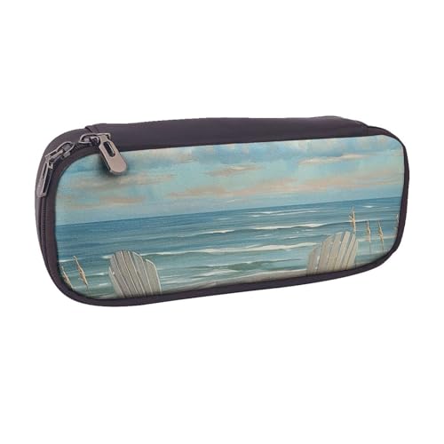 BNVSADC Federmäppchen mit Strandmotiv und Stühlen, bedrucktes Leder-Federmäppchen und Make-up-Tasche, stilvolles Federmäppchen, Schreibwaren-Organizer, Tasche für Schule, Büro, Reisen, Schwarz , von BNVSADC