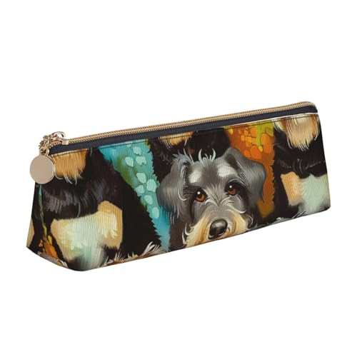 BNVSADC Federmäppchen mit niedlichem Schnauzer-Motiv, bedruckt, dreieckig, aus Leder, für Schule, Büro, Reisen, weiß, Einheitsgröße, Schulranzen von BNVSADC