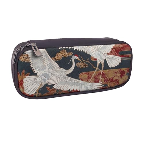 BNVSADC Federmäppchen mit zwei Kranichen, Chrysanthemen, 1 bedrucktes Leder-Federmäppchen und Make-up-Tasche, stilvolles Federmäppchen, Schreibwaren-Organizer, Tasche für Schule, Büro, Reisen, Schwarz von BNVSADC