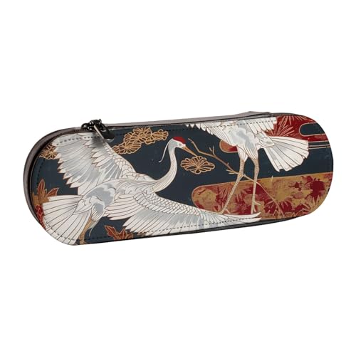 BNVSADC Federmäppchen mit zwei Kranichen und Chrysanthemen, 1 bedrucktes Leder-Federmäppchen und Make-up-Tasche, stilvolle Hartschalen-Bleistifttasche, Schreibwaren-Organizer-Tasche für Schule, Büro, von BNVSADC